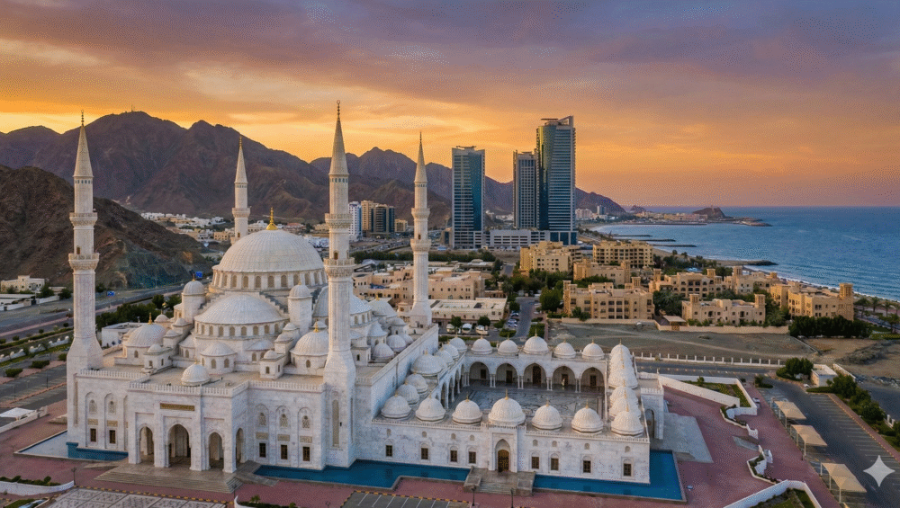 Aerial view of the Sheikh Zayed Grand Mosque during a Fujairah City Tour, with white domes and minarets framed by mountains, modern buildings, and the coastline at sunset.