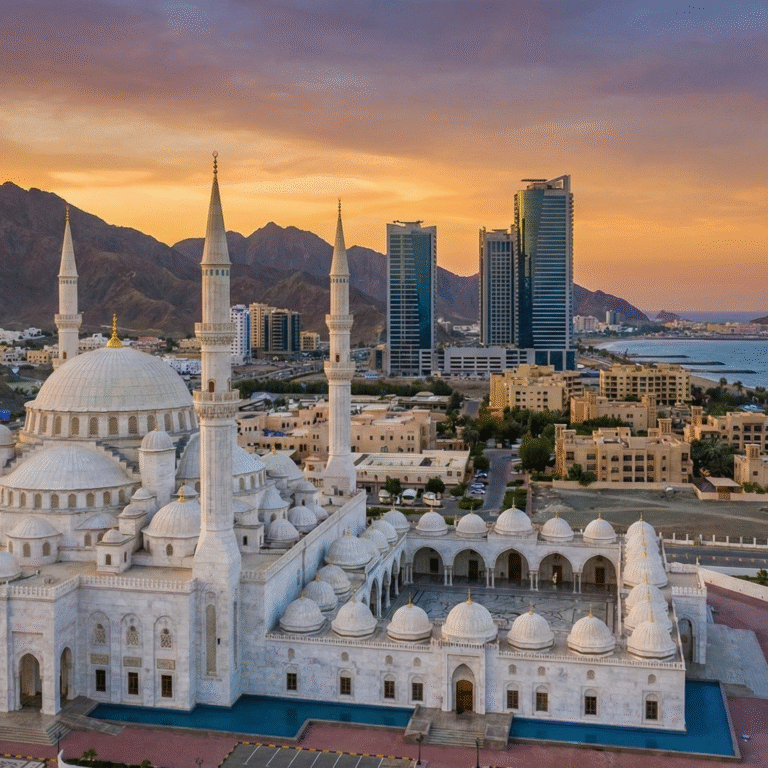 Aerial view of the Sheikh Zayed Grand Mosque during a Fujairah City Tour, with white domes and minarets framed by mountains, modern buildings, and the coastline at sunset.