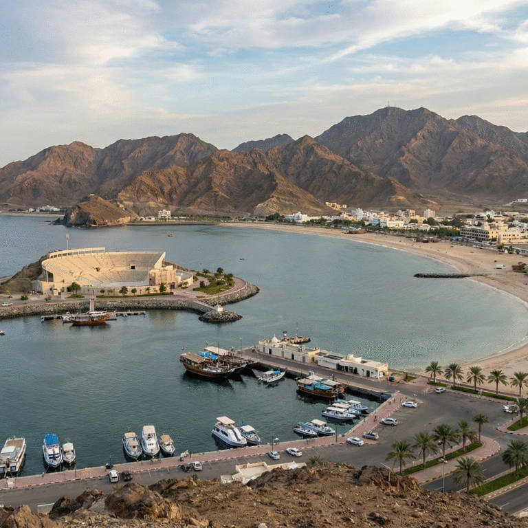 A scenic view resembling a Khorfakkan Tour, showcasing a grand mountain-side amphitheatre, sandy beach with visitors, turquoise coastline, and traditional boats along the shore against rugged rocky mountains.