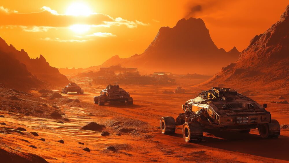 Armored off-road vehicles driving across vast red sand dunes during a dune buggy dubai tour with dramatic mountains and a glowing sunset in the background.