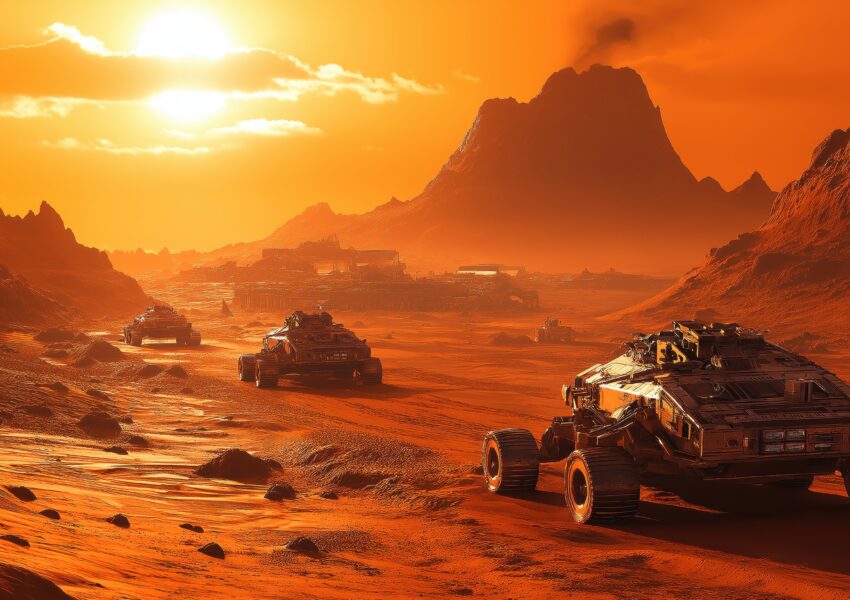 Armored off-road vehicles driving across vast red sand dunes during a dune buggy dubai tour with dramatic mountains and a glowing sunset in the background.