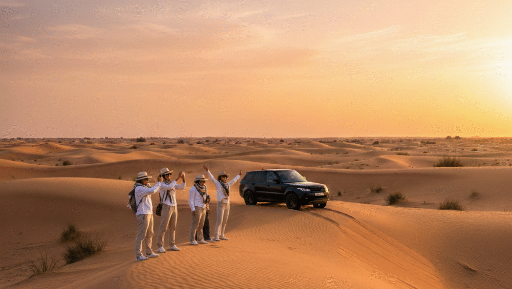 Private Desert Tours Dubai featuring a group of travelers standing on golden sand dunes at sunset beside a luxury 4x4 vehicle during an exclusive desert experience.
