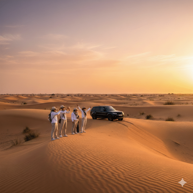 Private Desert Tours Dubai featuring a group of travelers standing on golden sand dunes at sunset beside a luxury 4x4 vehicle during an exclusive desert experience.