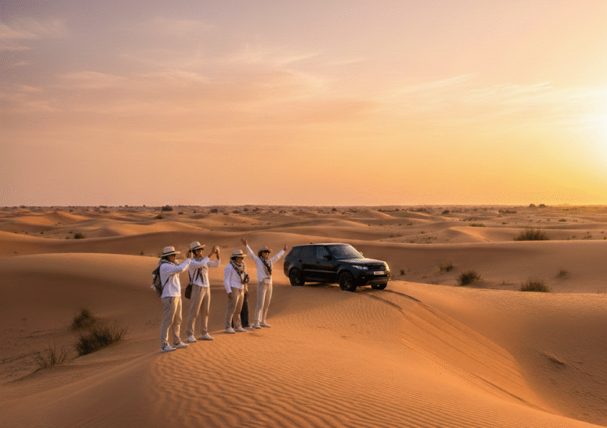 Private Desert Tours Dubai featuring a group of travelers standing on golden sand dunes at sunset beside a luxury 4x4 vehicle during an exclusive desert experience.