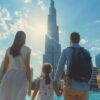 Family holding hands while visiting Burj Khalifa in downtown Dubai, enjoying one of the top things to do in Dubai with a stunning city skyline view.