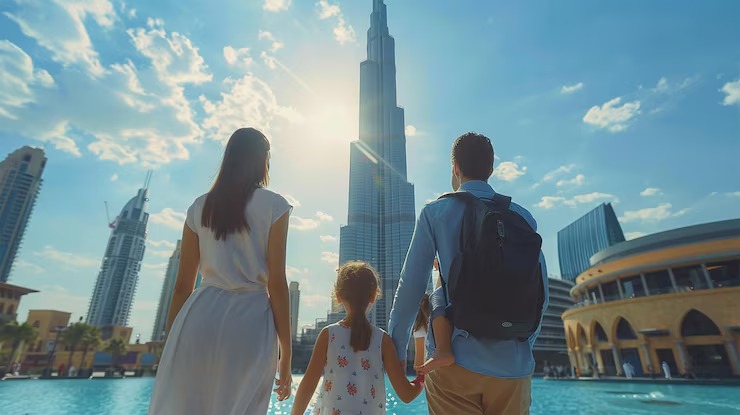 Family holding hands while visiting Burj Khalifa in downtown Dubai, enjoying one of the top things to do in Dubai with a stunning city skyline view.