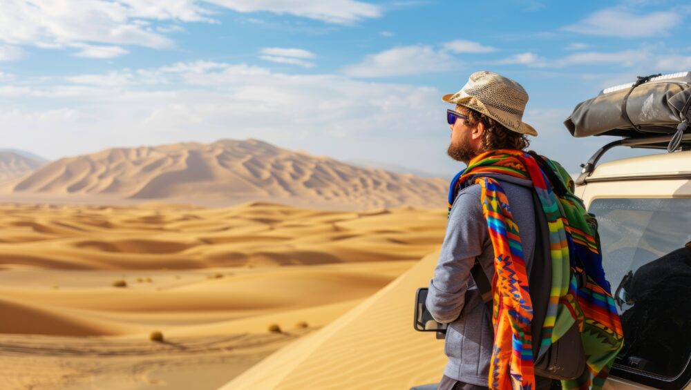 A traveler standing next to a 4x4 vehicle, gazing at vast golden dunes during a desert safari Abu Dhabi experience.