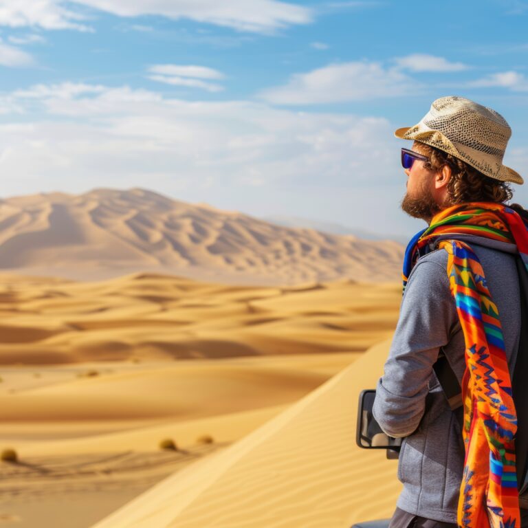 A traveler standing next to a 4x4 vehicle, gazing at vast golden dunes during a desert safari Abu Dhabi experience.