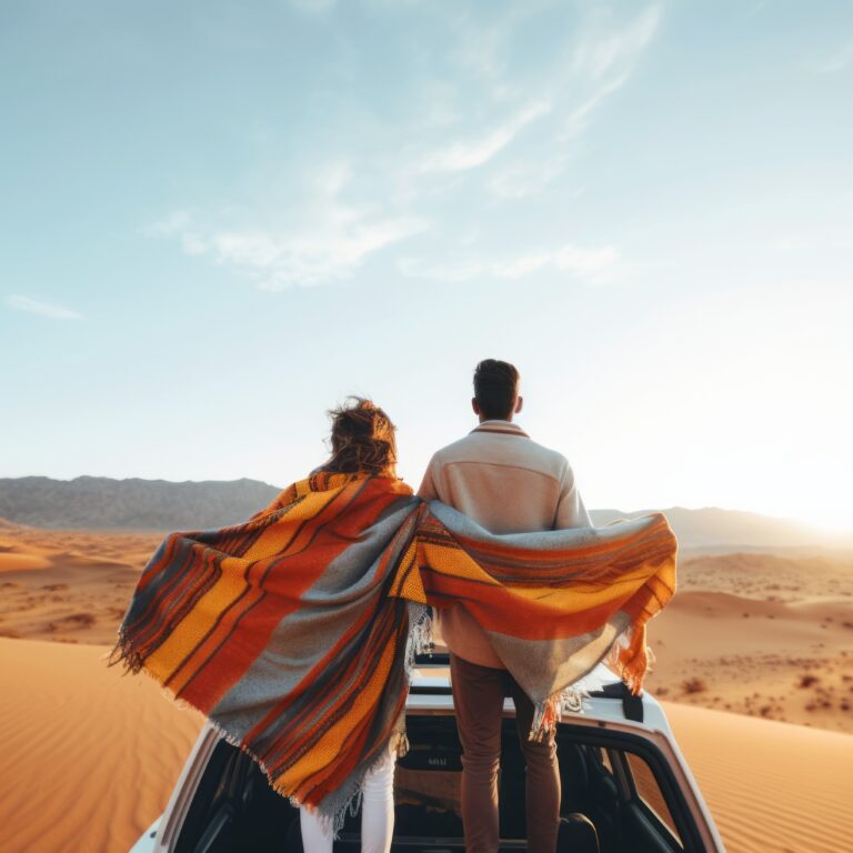 Couple standing on a 4x4 vehicle wrapped in blankets, overlooking golden sand dunes at sunset during a private desert safari.