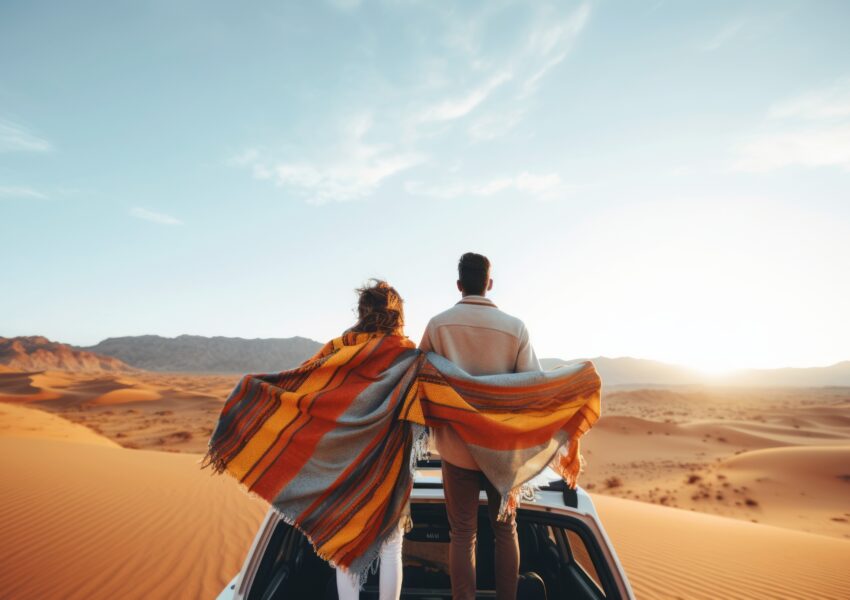 Couple standing on a 4x4 vehicle wrapped in blankets, overlooking golden sand dunes at sunset during a private desert safari.